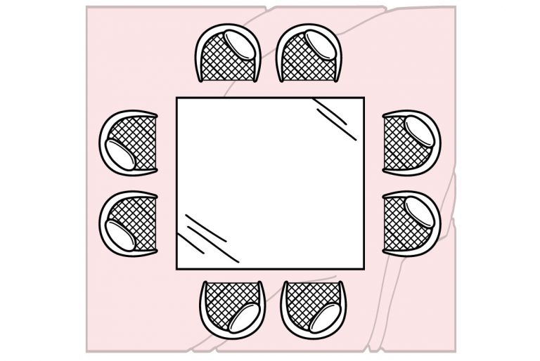 Skizze von quadratischem Teppich mit quadratischem Tisch und acht Stühlen