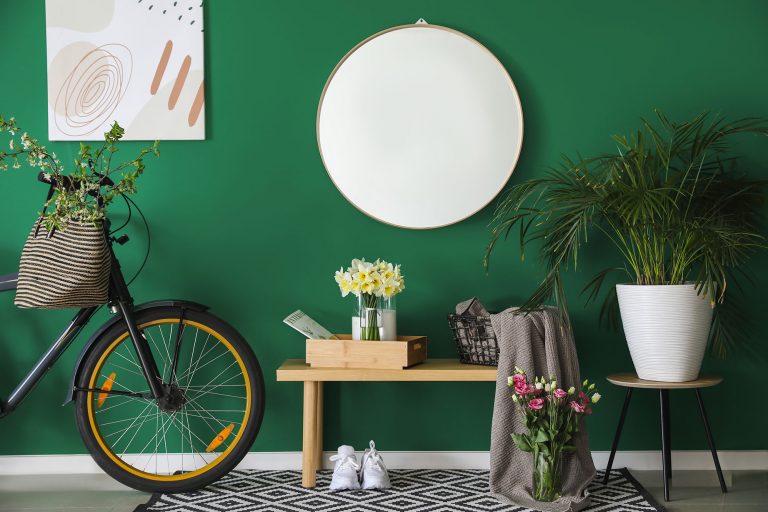 Spiegel, Fahrrad und Pflanzen vor grüner Wand