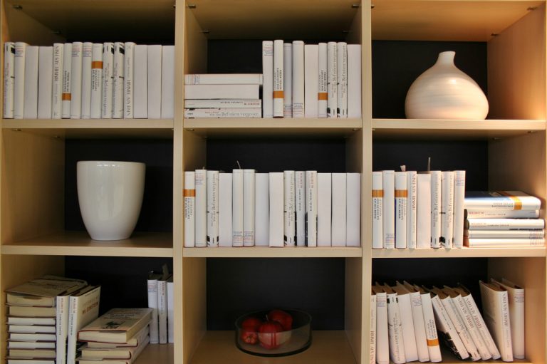 Bücherregal aus Holz mit hellen Büchern