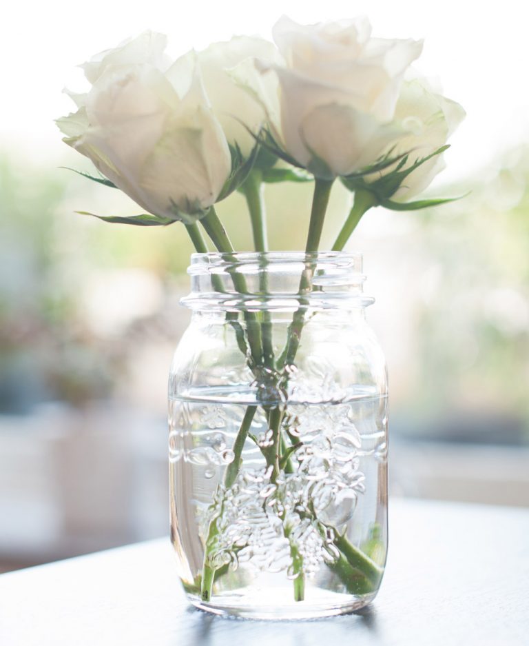 weiße Rosen in Glas