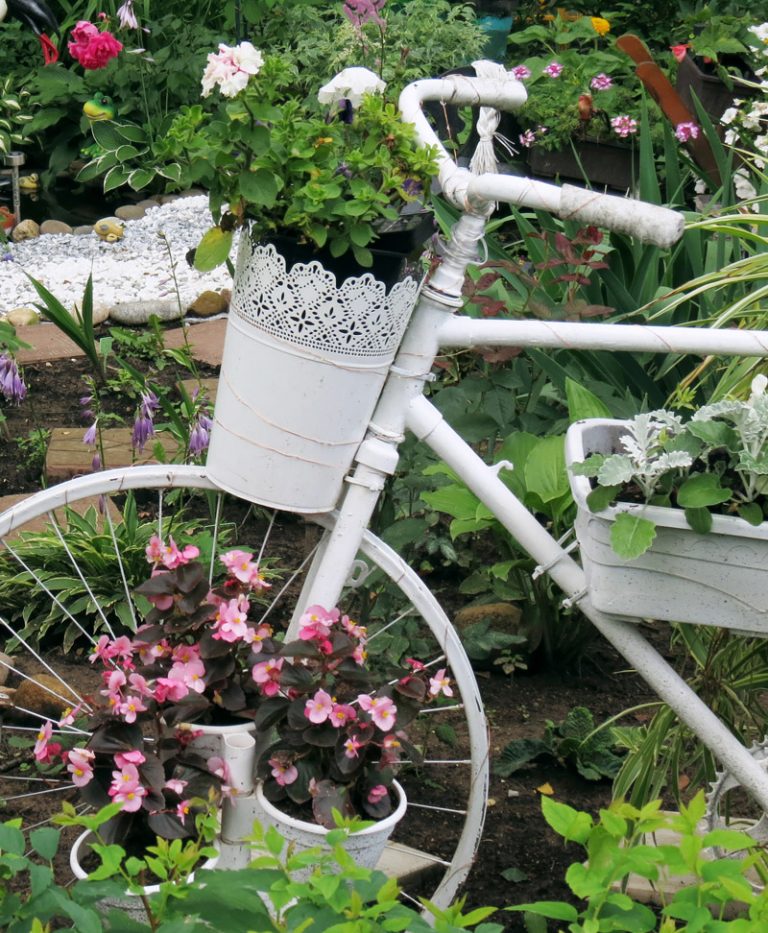 altes Fahrrad mit Blumen als Gartendekoration