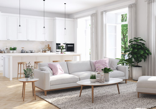 offene Wohnküche mit hellen Möbeln