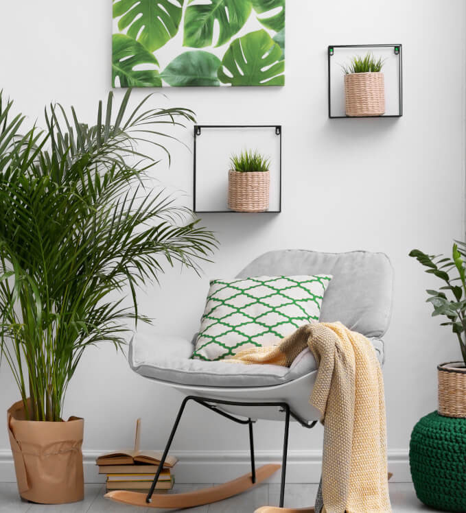 Grauer Sessel mit Kissen, Decke und Pflanzen