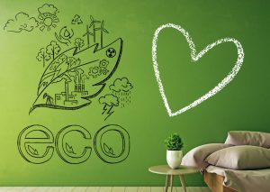 Wand in kräftigem Grün mit einer Zeichnung zum Thema Eco