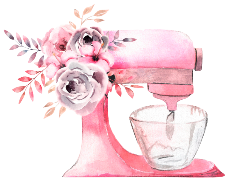 Aquarellzeichnung pinke Küchenmaschine mit Blumen