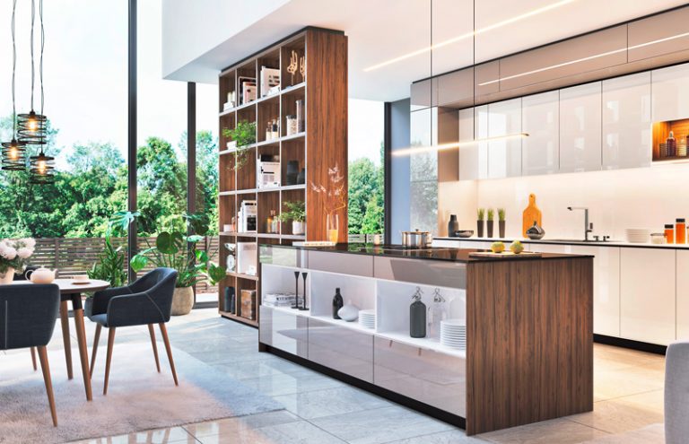 Moderne große, offene Küche ohne Dunsthaube