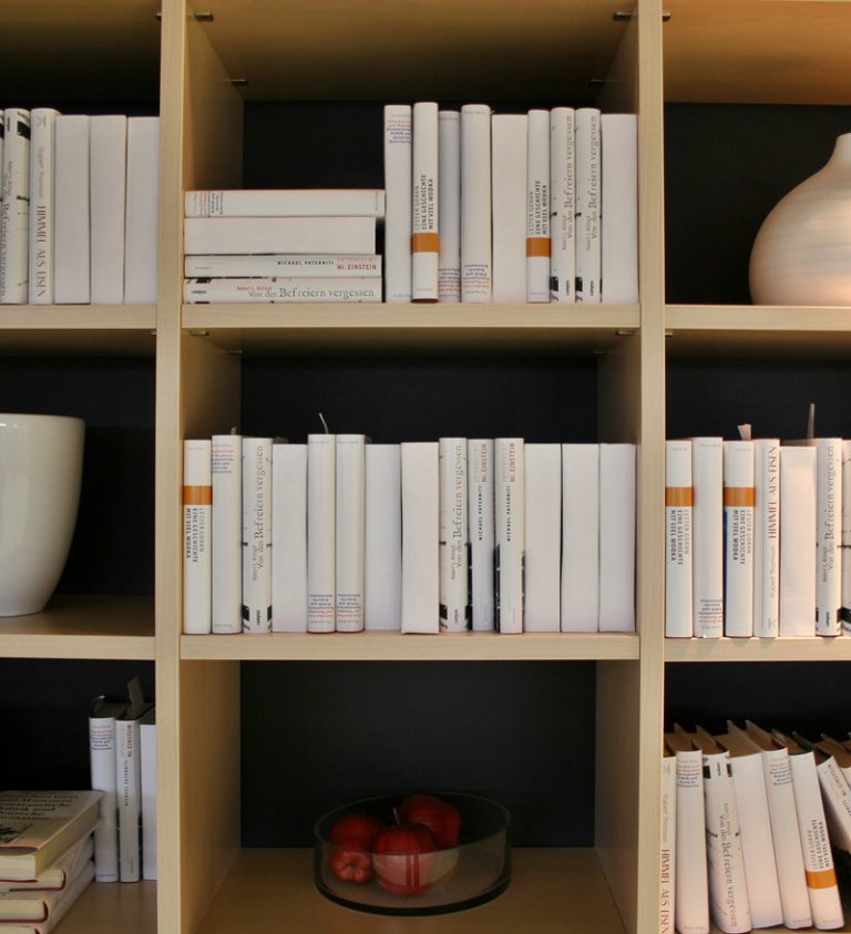 Bücherregal dekorativ gestaltet mit Büchern